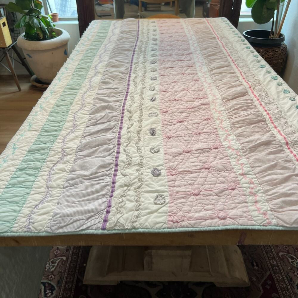Pottery Barn Kids Full Queen Quilt Bailey Striped Textured Pastel Colors